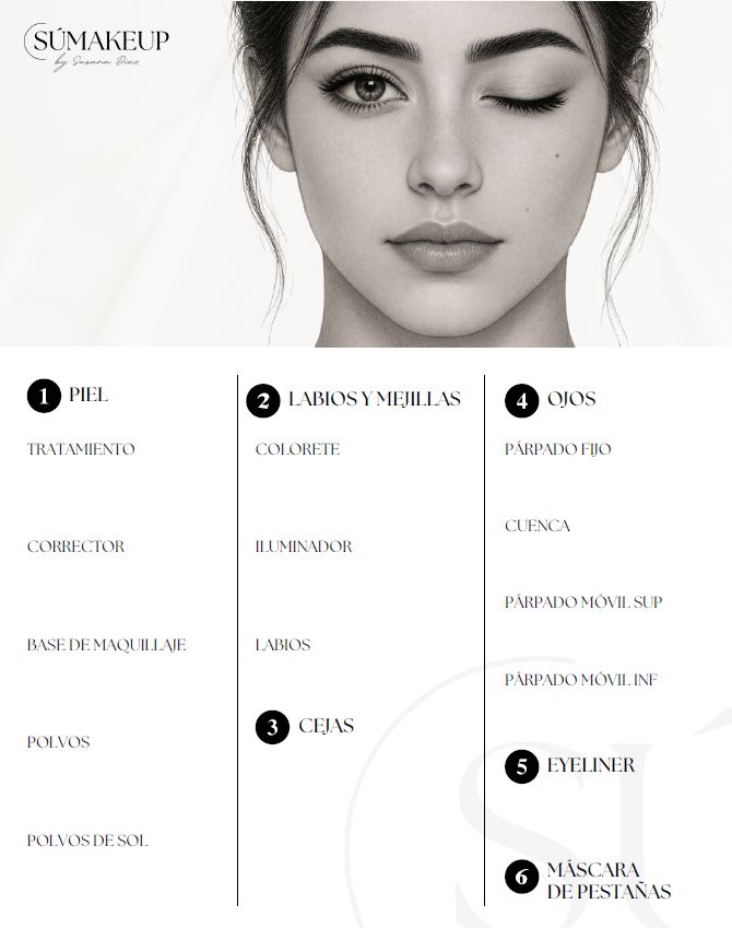 Guía ilustrada de maquillaje con un rostro femenino en blanco y negro y los pasos: piel, labios y mejillas, cejas, ojos, eyeliner y máscara de pestañas